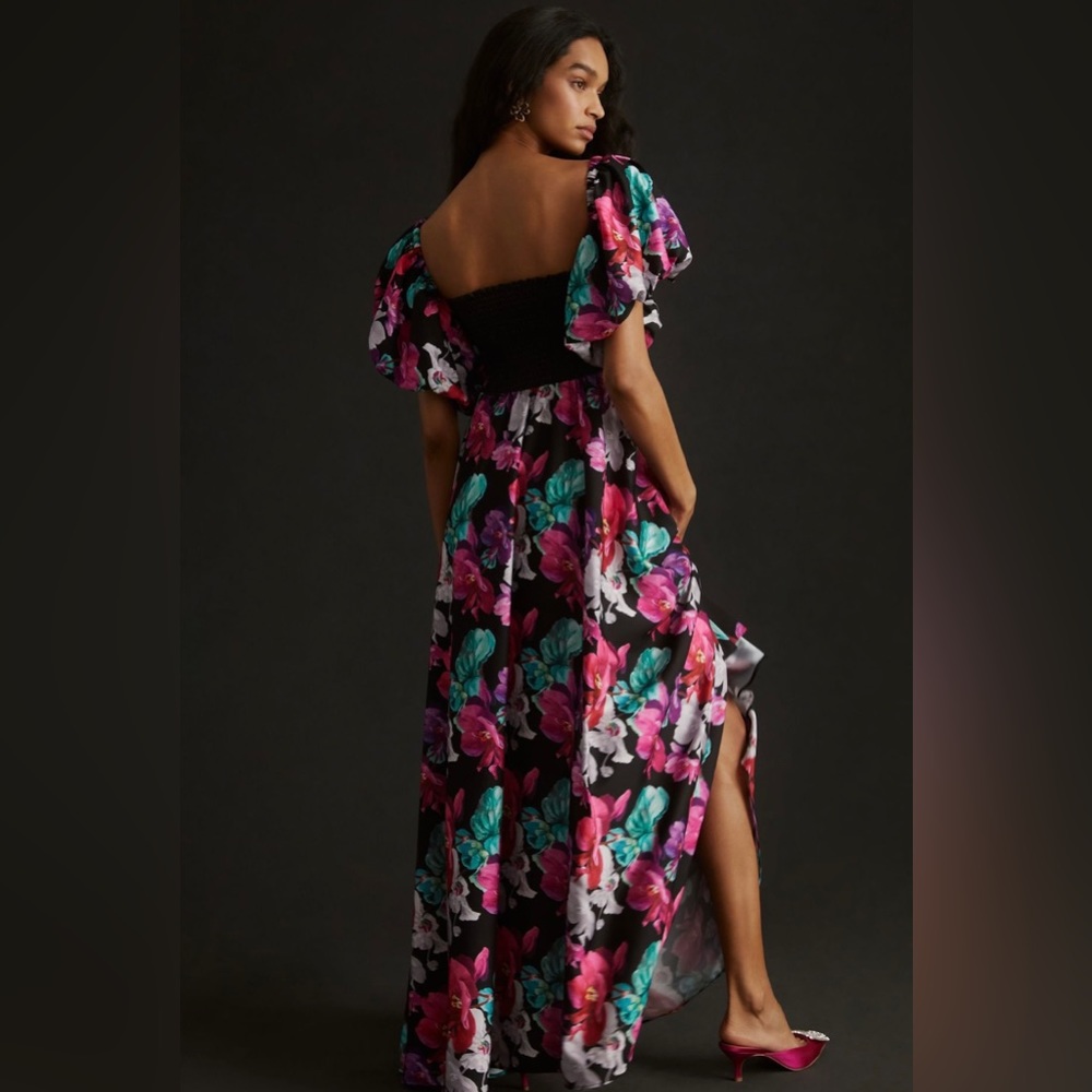 Anthropologie Black Maxi Dress with Pink & Teal Floral Print